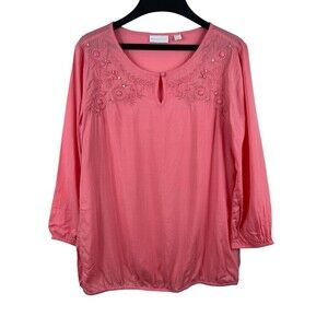 New York & Company Pinkish Long Sleeve Soft 100% Modal Embroidered Beaded Top S